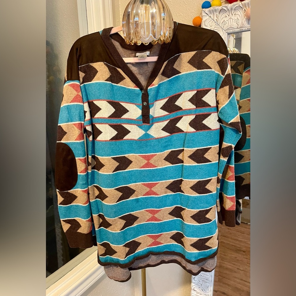 Cavenders Brown/Tan/Turquoise  Sweater with Suede Elbow Patches